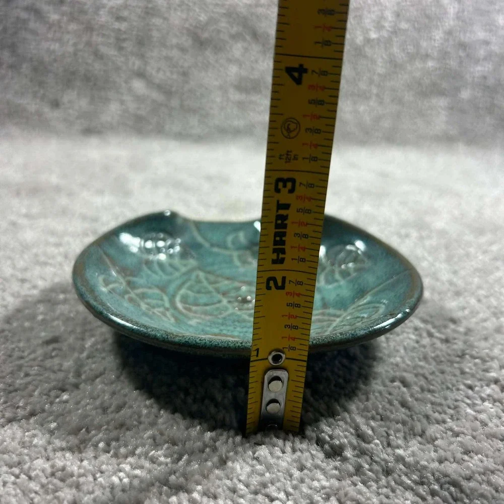 Etched Leaf Spoon Rest Artisan Pottery‎ Trinket Dish Teal Green Signed 5 Inch